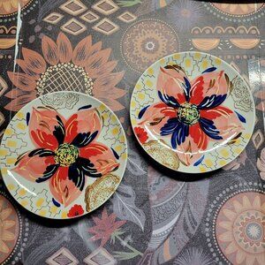 Gracie's Teaware Red Black Yellow Floral 8 Inch Set of 2 Tea Pastry Plates